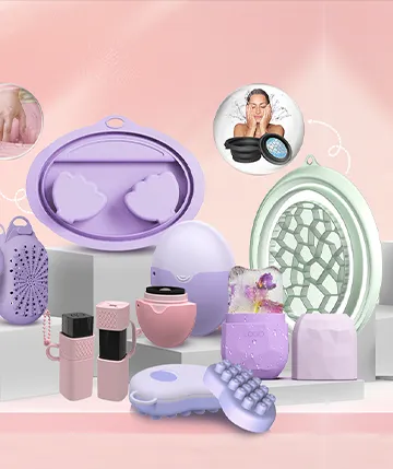 Custom silicone beauty tools including brushes, pads, and facial care items