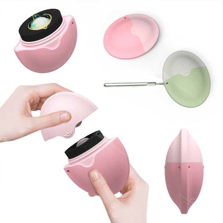Silicone sunscreen applicator in pink, showcasing its ergonomic design with a removable top, featuring a smooth black applicator pad. The image includes various angles of the product and the attached applicator tool in green.