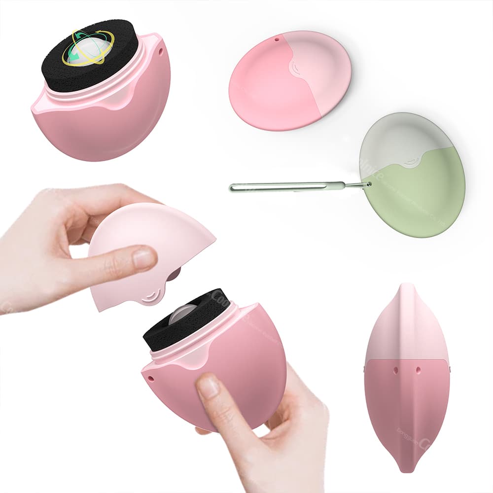 Silicone sunscreen applicator in pink, showcasing its ergonomic design with a removable top, featuring a smooth black applicator pad. The image includes various angles of the product and the attached applicator tool in green.