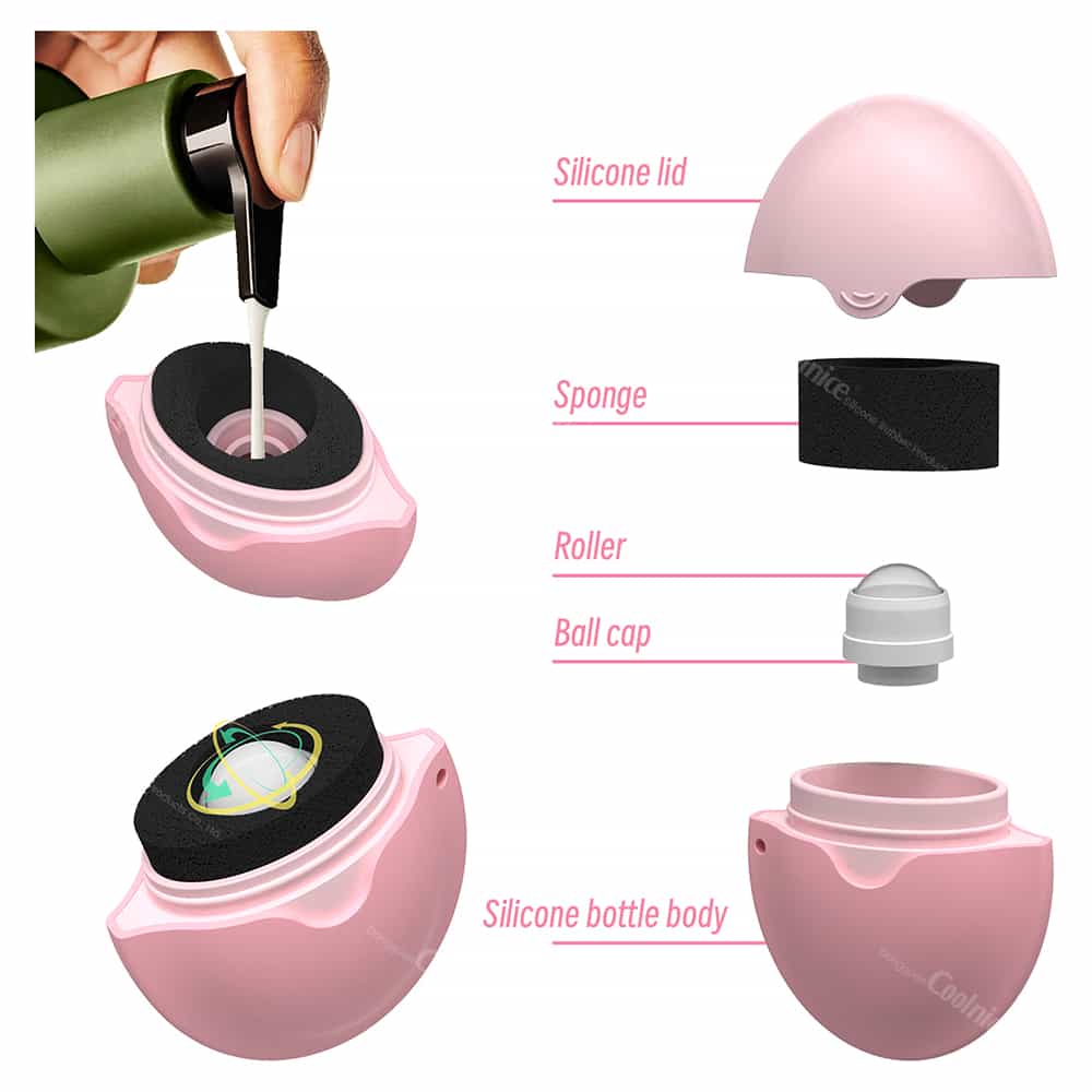 Detailed breakdown of the Coolnice silicone sunscreen applicator, including sponge, roller, and silicone lid components