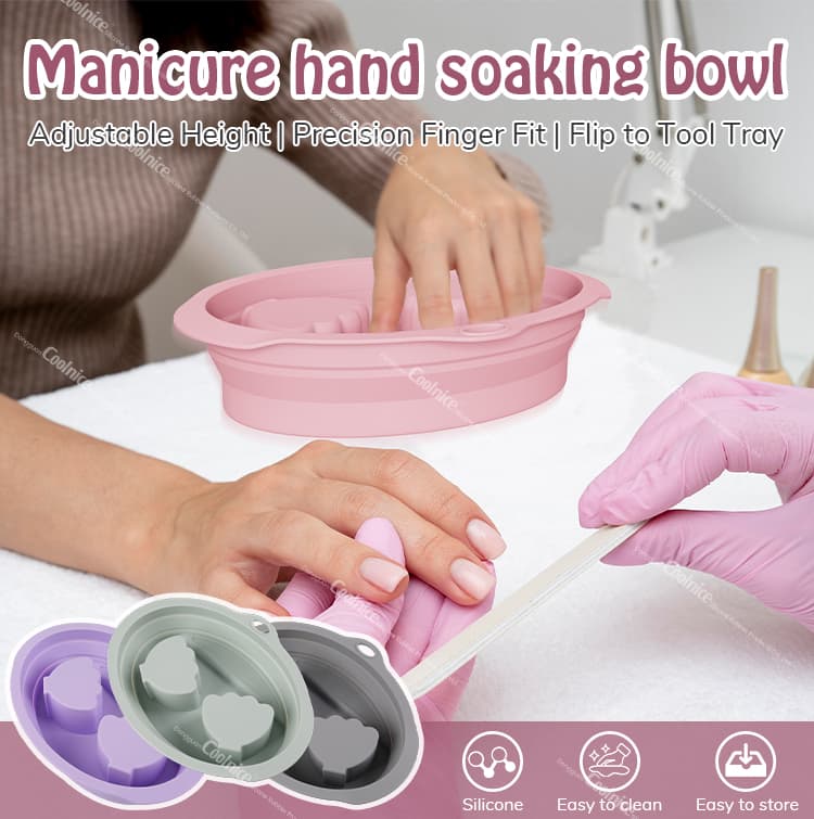 Pink silicone manicure hand soaking bowl in use during nail care