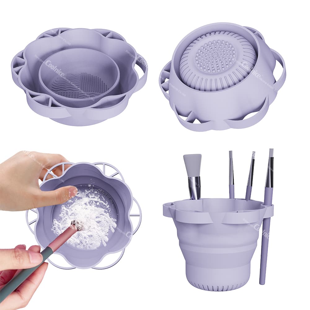 Silicone brush cleaning cup with water and makeup brushes