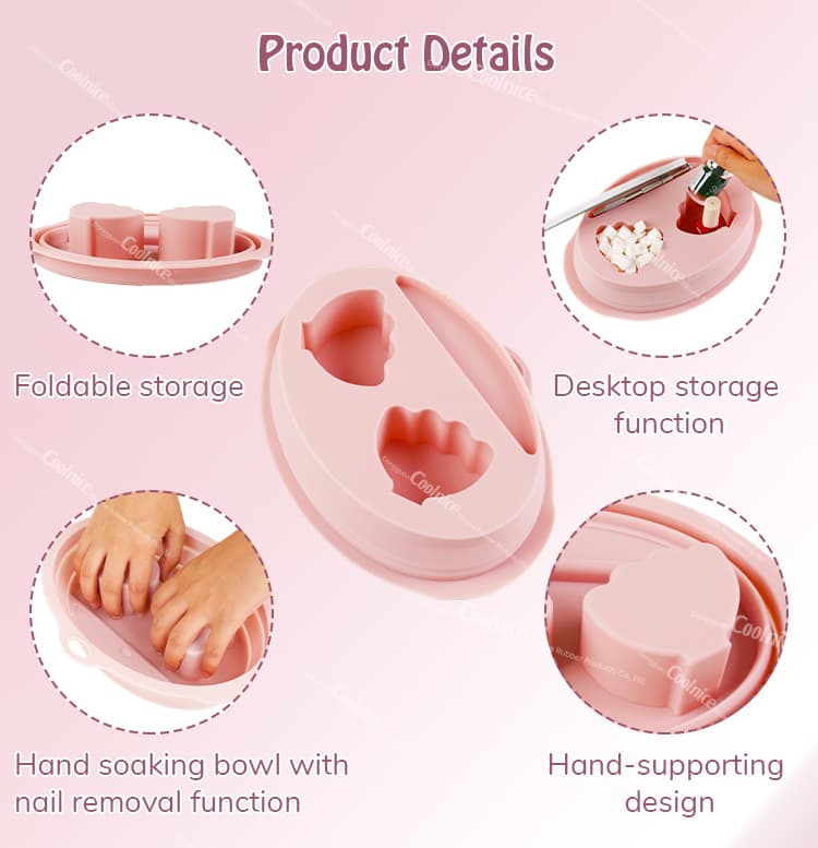 Pink silicone manicure bowl showcasing foldable, storage, and support features