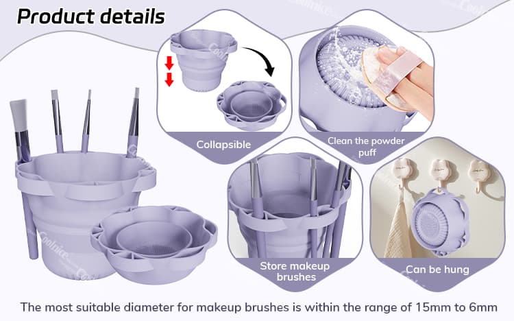 Silicone makeup brush cleansing cup features: collapsible, stores brushes, cleans puffs, and can be hung