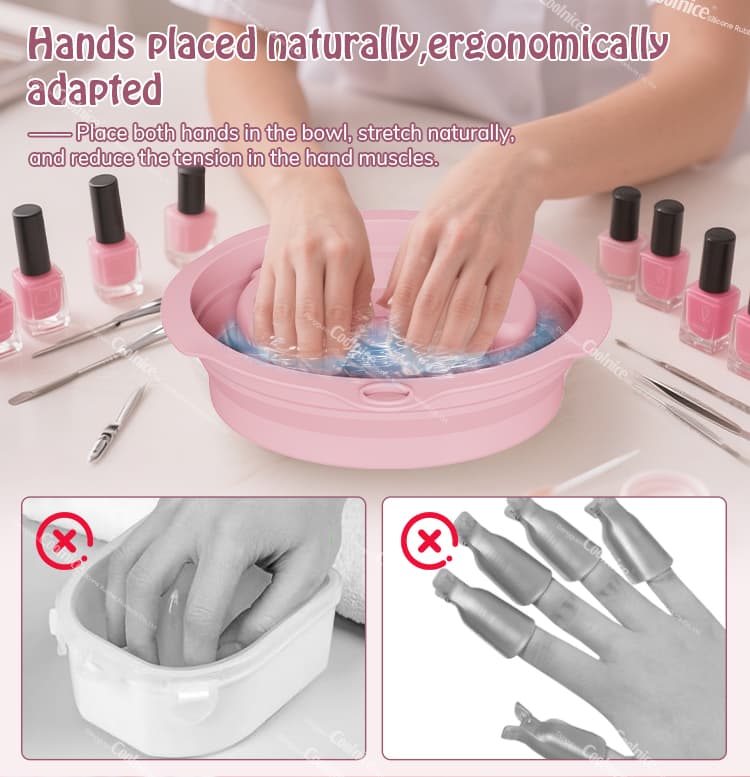Two hands soaking in pink silicone nail bowl with ergonomic support