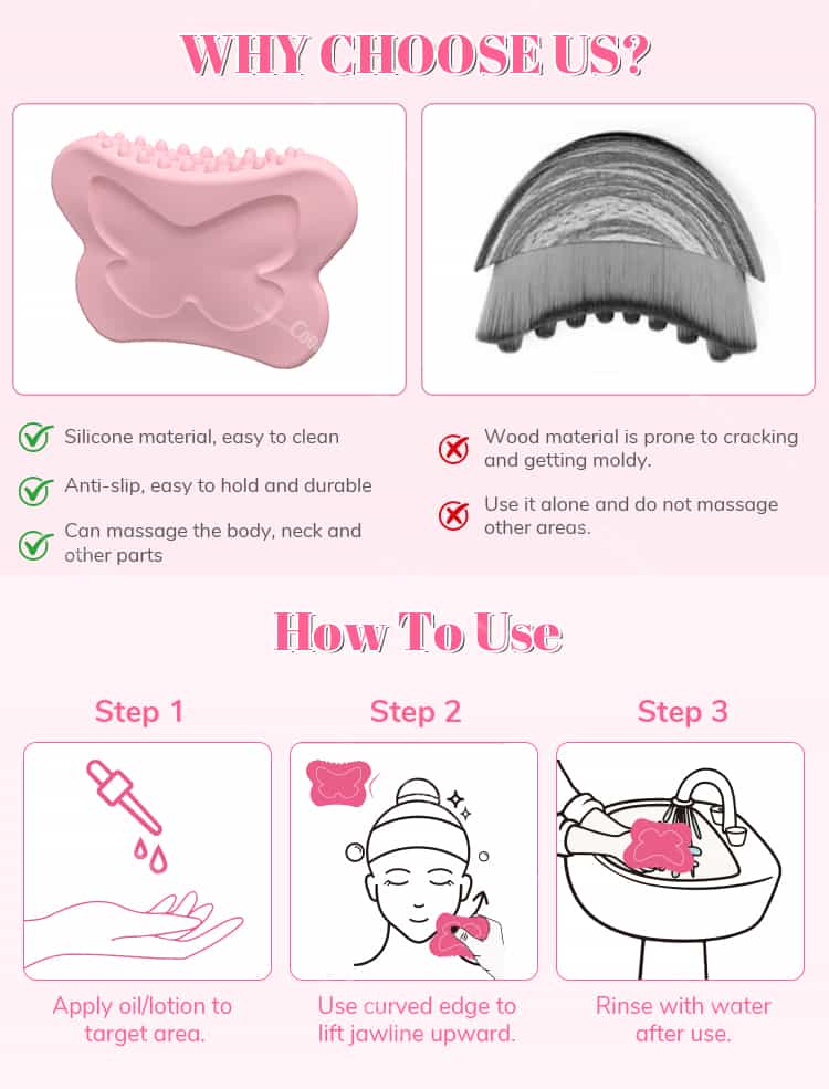 Butterfly-shaped silicone massage scraper for face, neck, and body with anti-slip design and easy-to-use instructions.