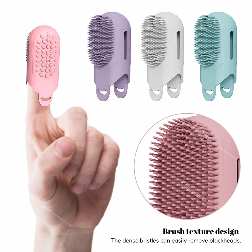 Silicone Finger Brush Set - 4 colors with dense bristles for blackhead removal. Easy-to-use, effective facial cleaning tool.