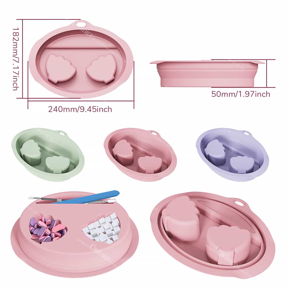 Silicone nail soak bowls in pink, green, and gray with size specifications