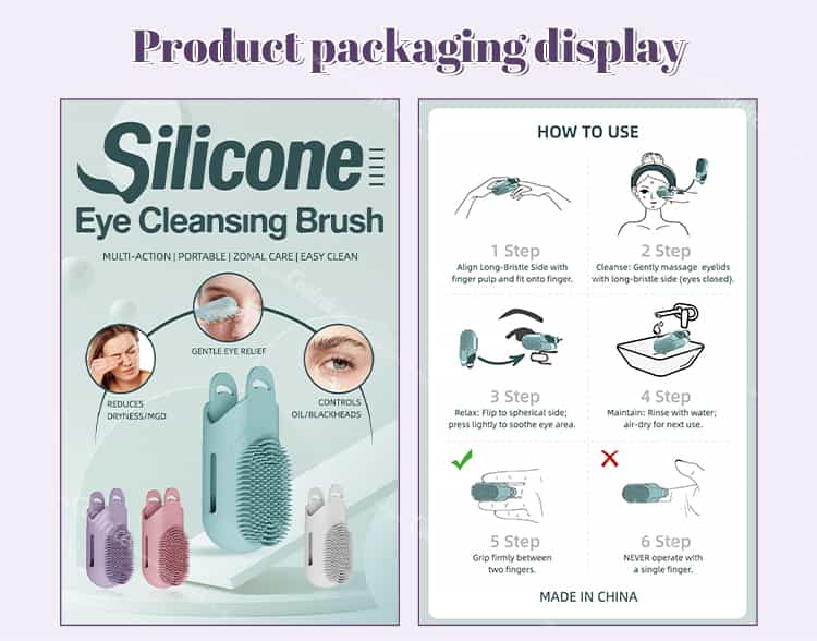 Silicone Eye Cleansing Brush – Product Packaging Display with Multi-Action Features and Usage Instructions