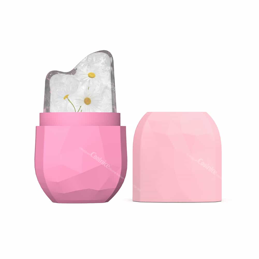 Pink silicone diamond ice mold with chamomile flower frozen inside