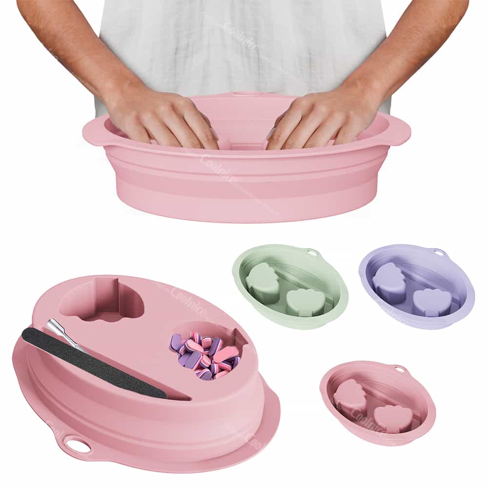 Hand soaking in pink silicone nail bowl with three color options displayed