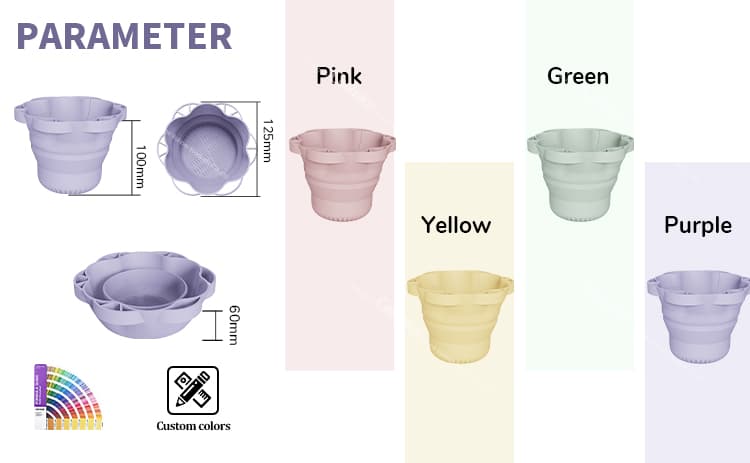 Silicone makeup brush cleansing cup dimensions and color options including pink, green, yellow, and purple