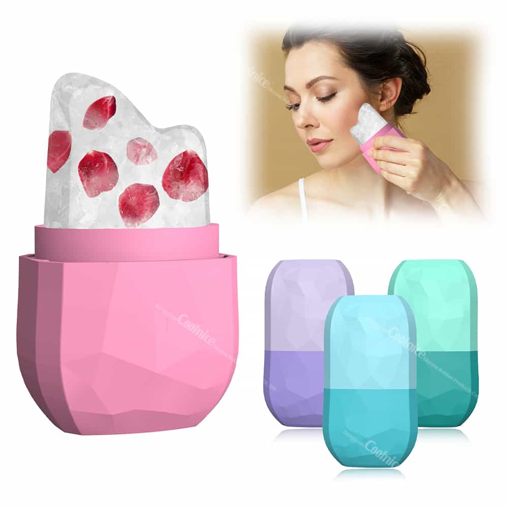 Multicolor silicone diamond ice mold with frozen rose petals and skincare use demonstration