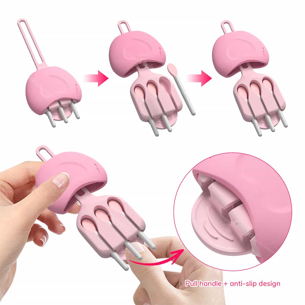 Pink silicone lip brush case with a pull handle and anti-slip design, showing the opening mechanism with lip brushes inside.