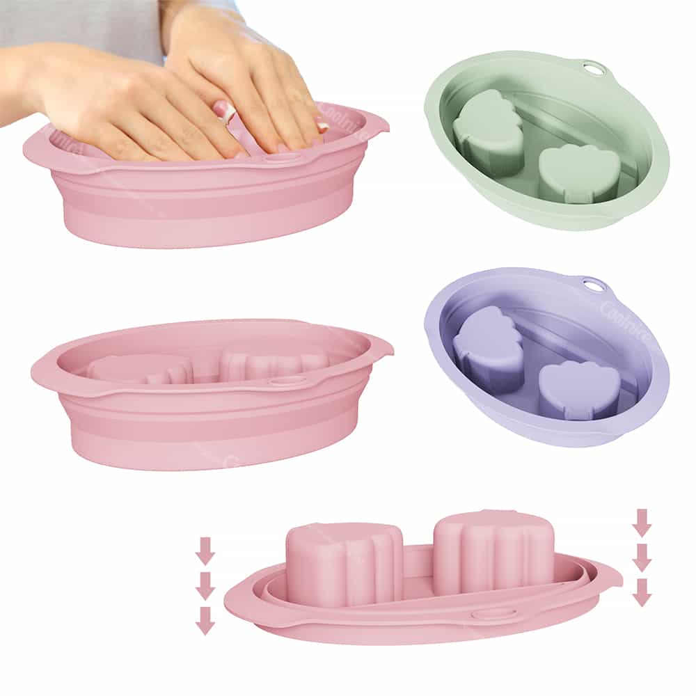 Side view of pink silicone nail soaking bowl