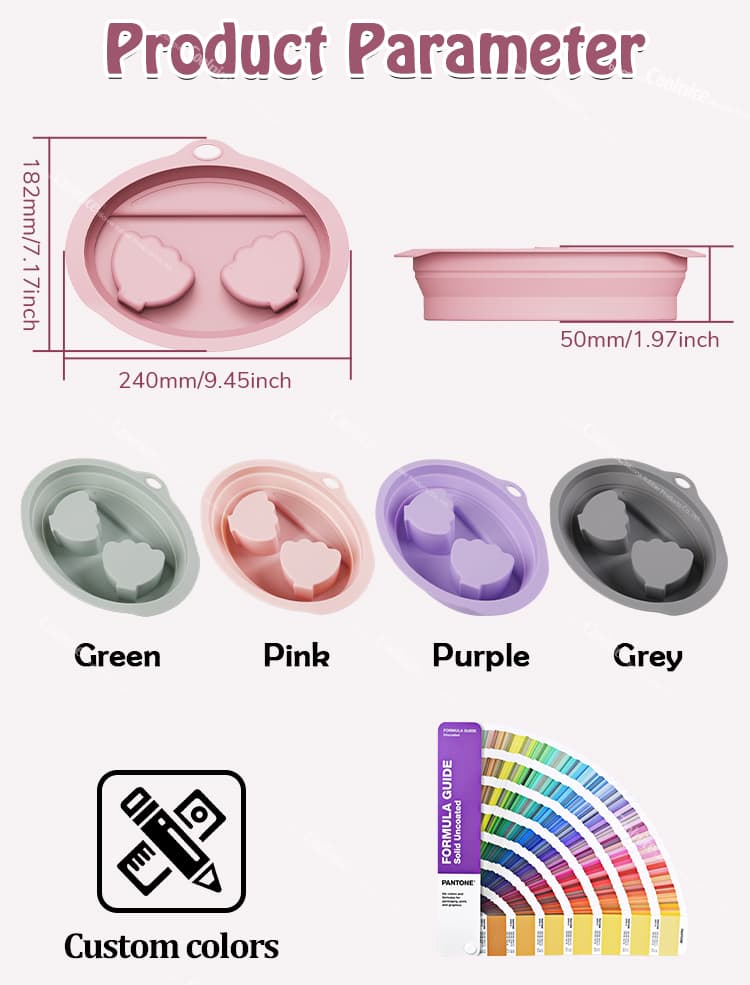 Dimensions and colors of silicone hand soaking bowl with Pantone customization