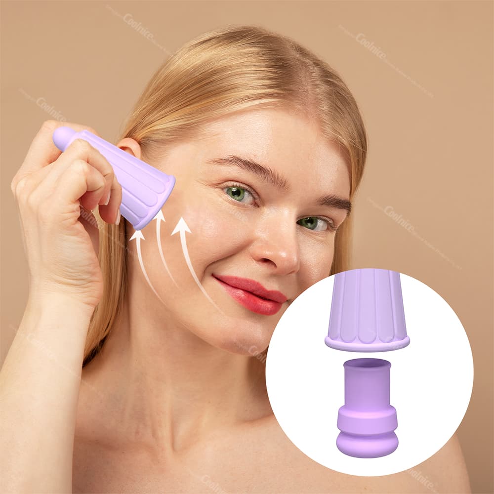 Woman Using Purple Silicone Ice Cup for Face Sculpting