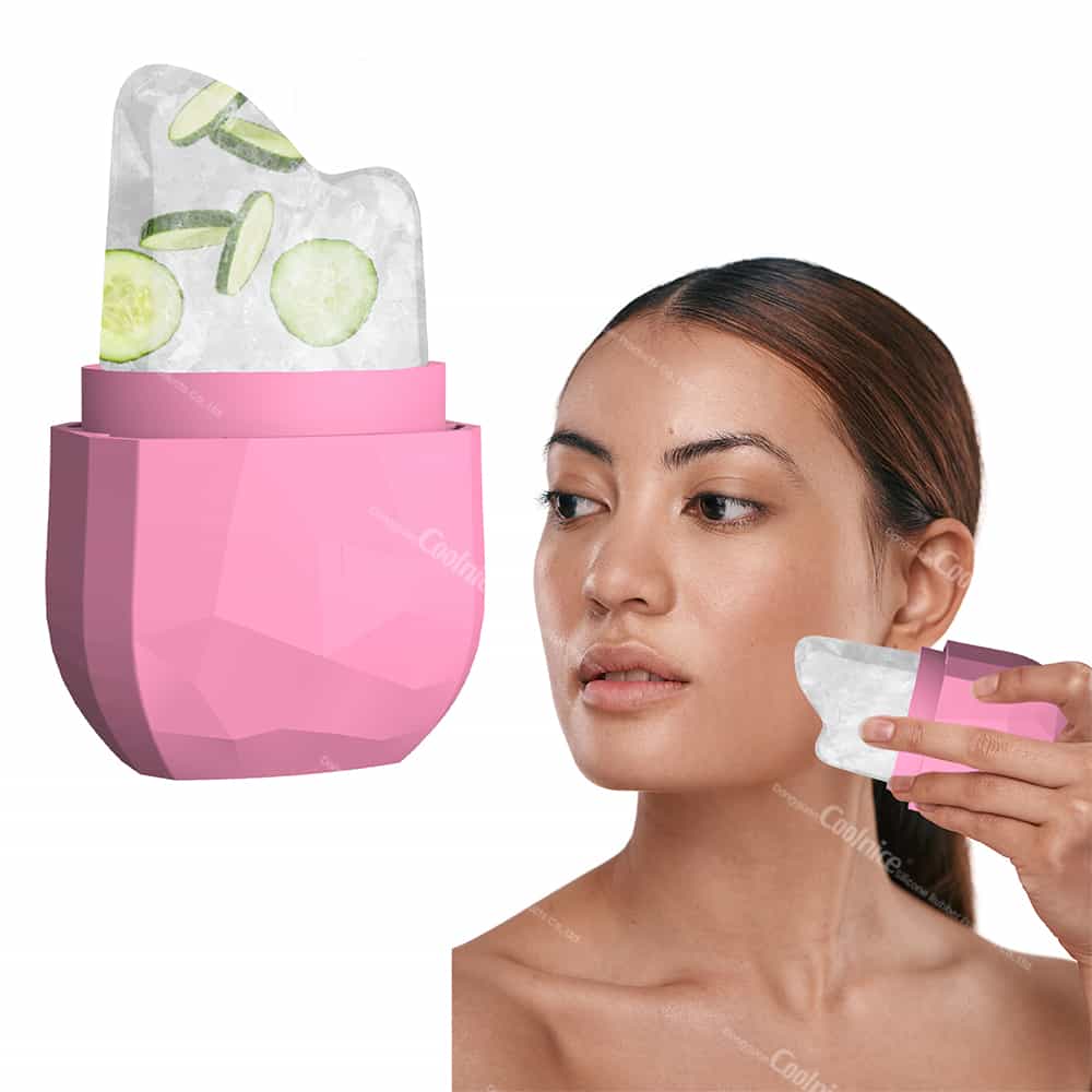 Woman applying ice facial roller with cucumber-infused ice block