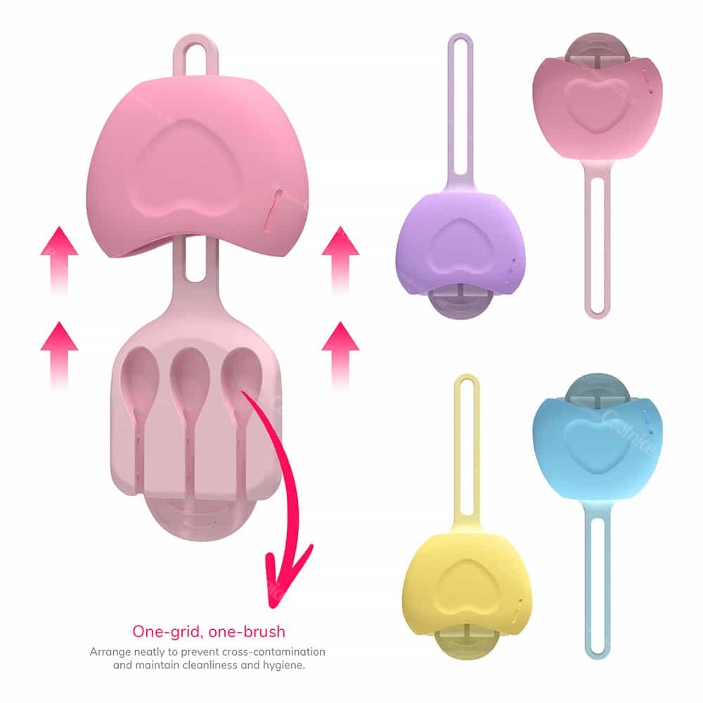 Colorful silicone lip brush case in pink, purple, yellow, and blue, with a "one-grid, one-brush" design for hygienic storage.