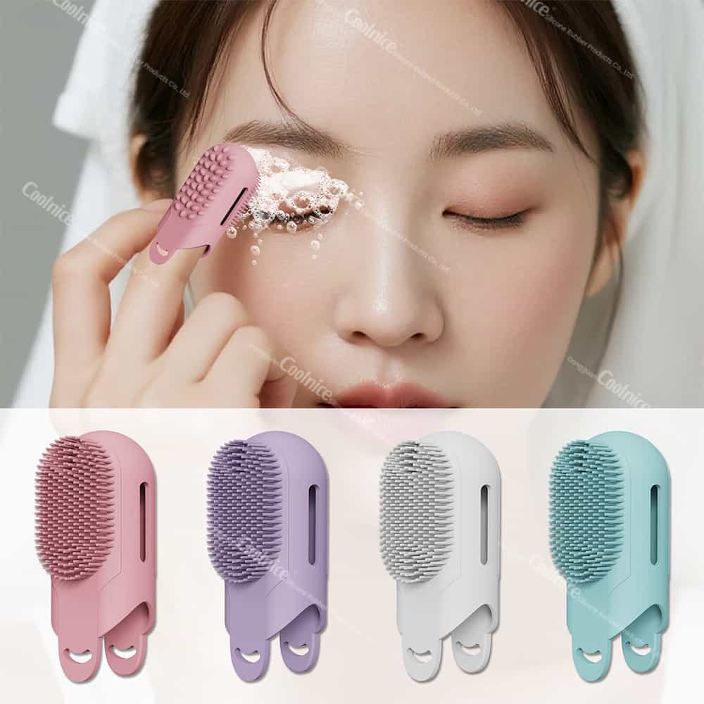 Woman Using Silicone Finger Brush for Facial Cleansing – 4 Color Options for Blackhead Removal