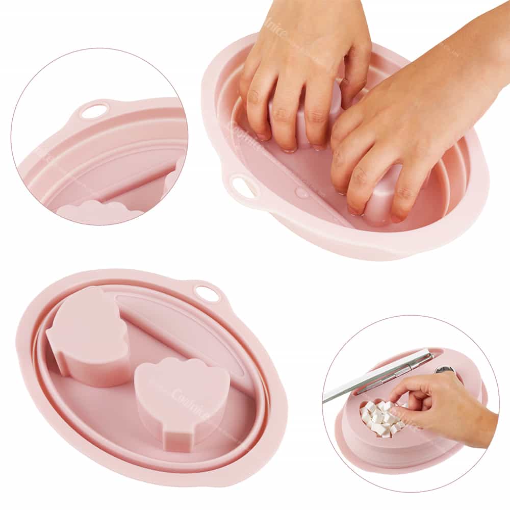 Top view of pink silicone nail soaking bowl