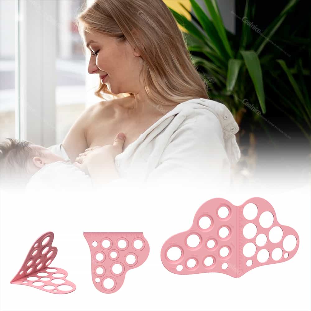 Breastfeeding mother with pink silicone measuring tool in foreground