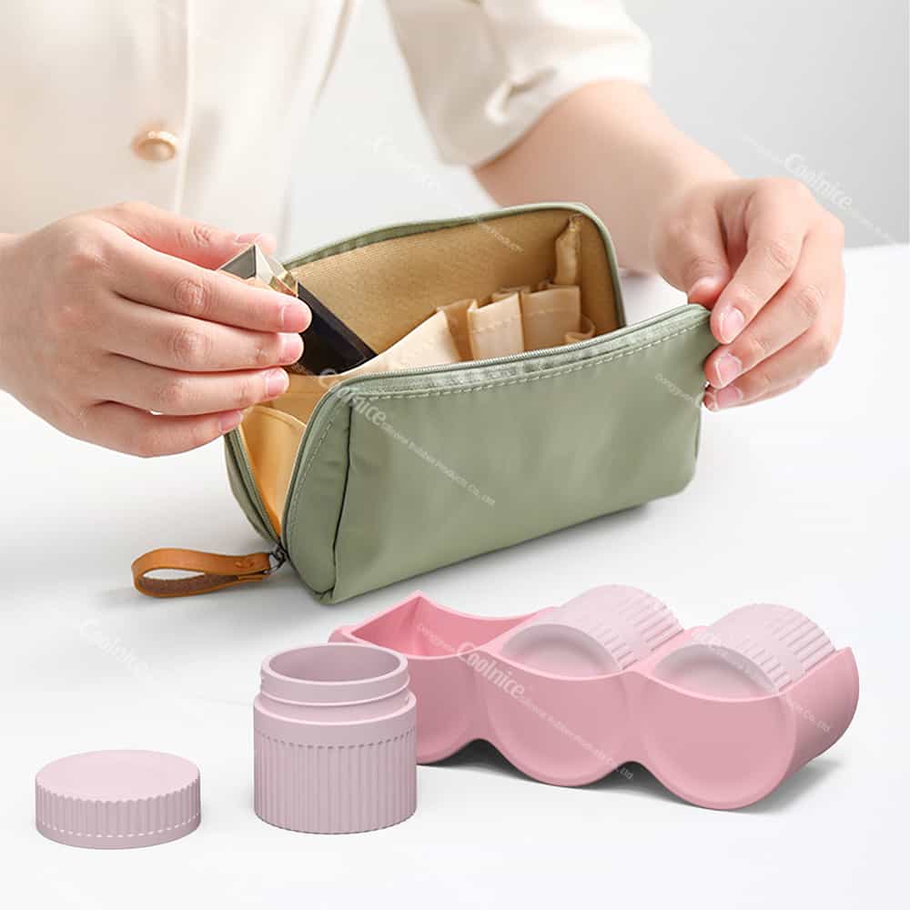 Makeup bag packing scene with silicone travel jar in foreground