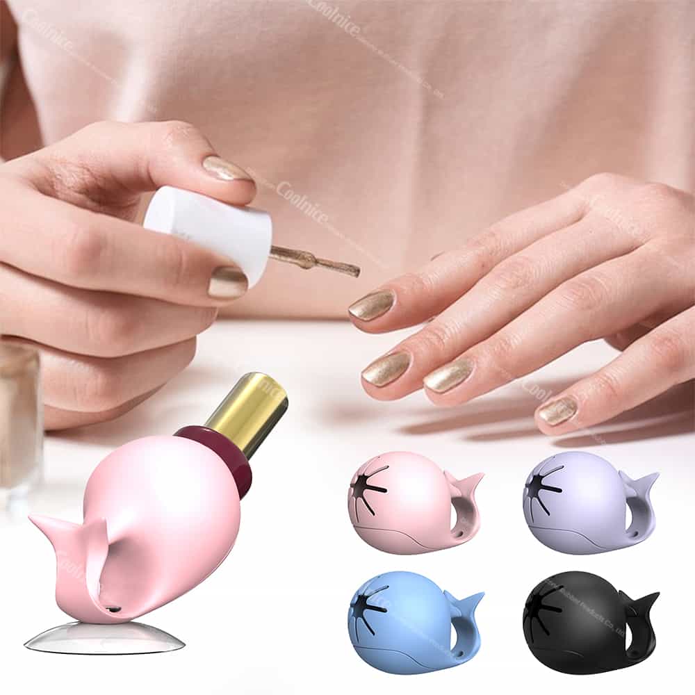 Using pink whale silicone nail polish holder while painting nails, with four color options displayed