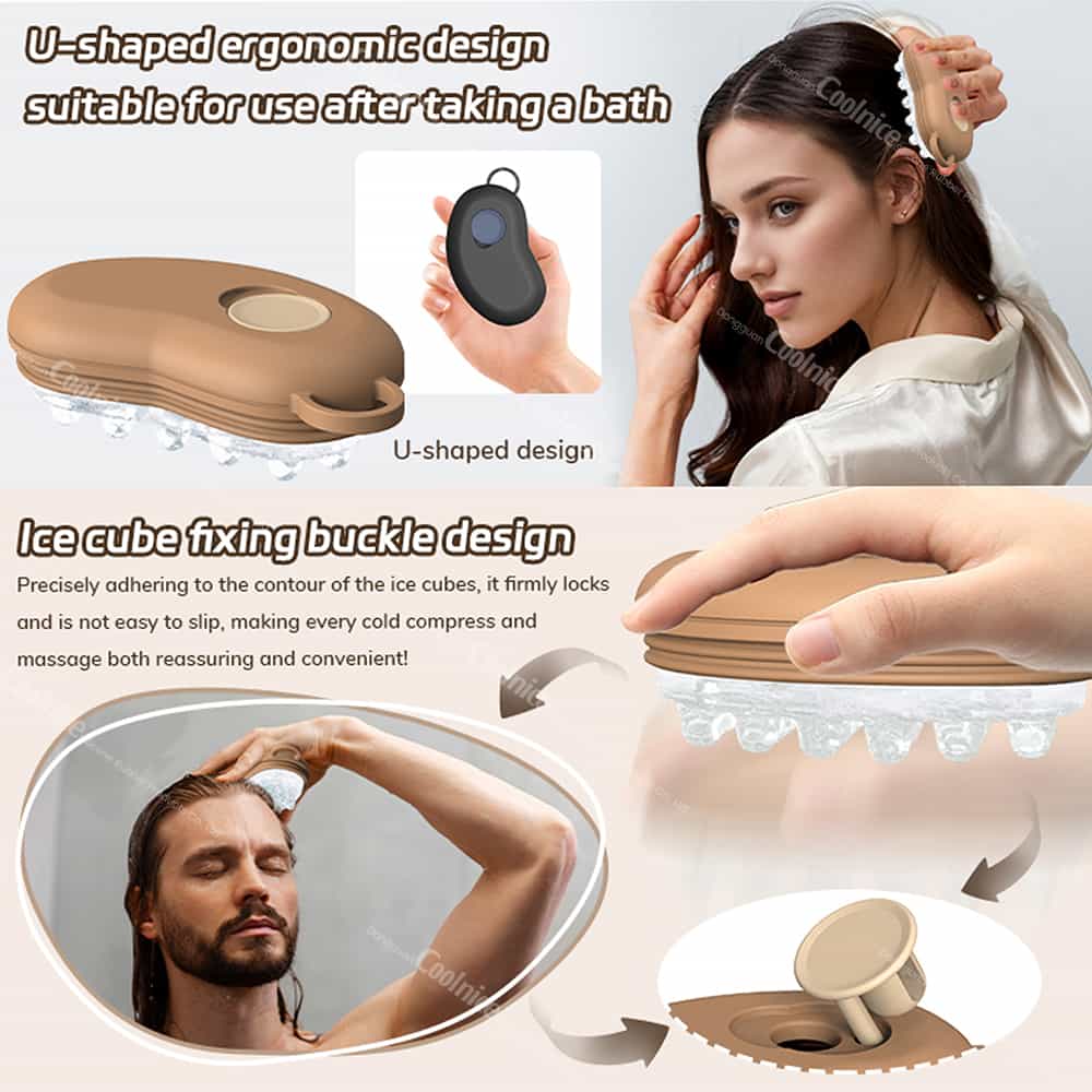 Silicone ice scalp massage tool with U-shaped ergonomic design and secure ice cube locking system