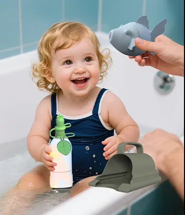 Safe silicone baby care products including bath toys and feeding tools