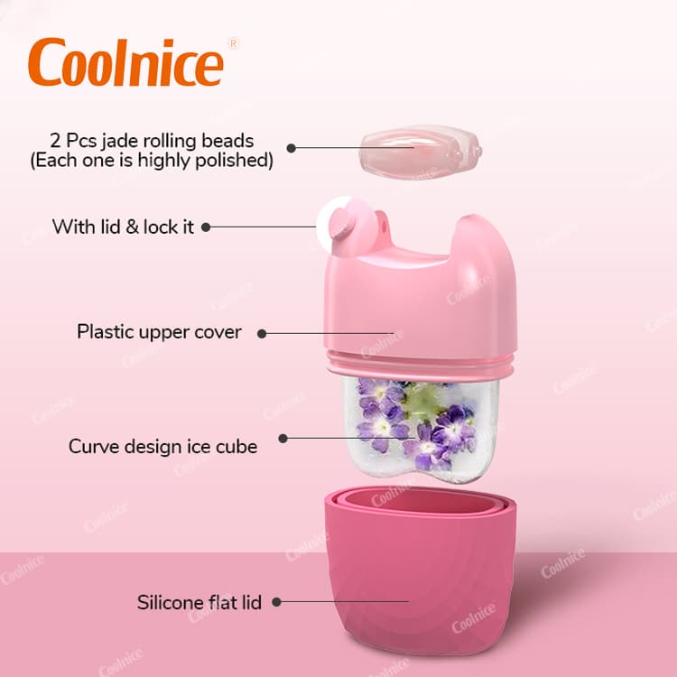 This graphic showcases the design inspiration behind the Coolnice silicone ice roller, merging the benefits of traditional jade stone face rollers with the refreshing power of ice cubes. The product aims to reduce fine lines, relieve sunburn, depuff the skin, and promote a lifted, radiant look through cold therapy and facial massage.