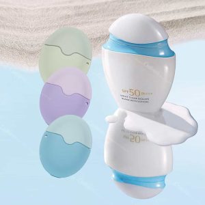 Coolnice silicone sunscreen applicators in pastel colors with SPF 50 sunscreen lotion, showing portable and functional design