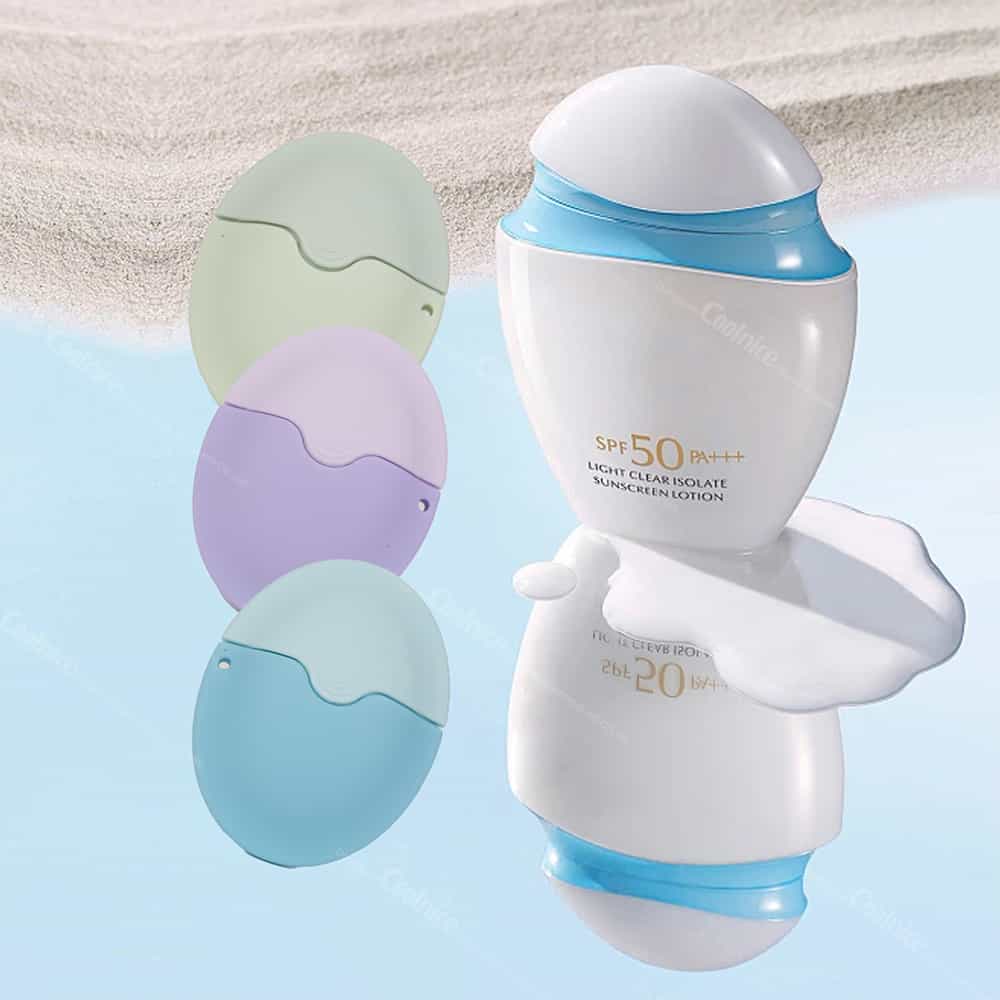 Coolnice silicone sunscreen applicators in pastel colors with SPF 50 sunscreen lotion, showing portable and functional design