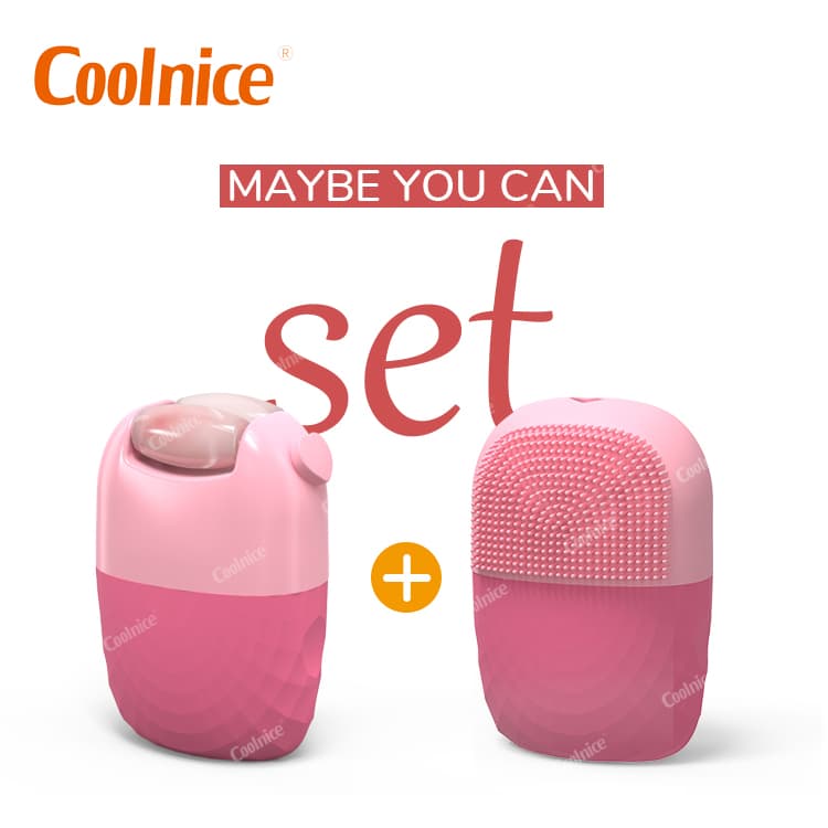 Coolnice pink silicone ice roller and facial cleansing brush set