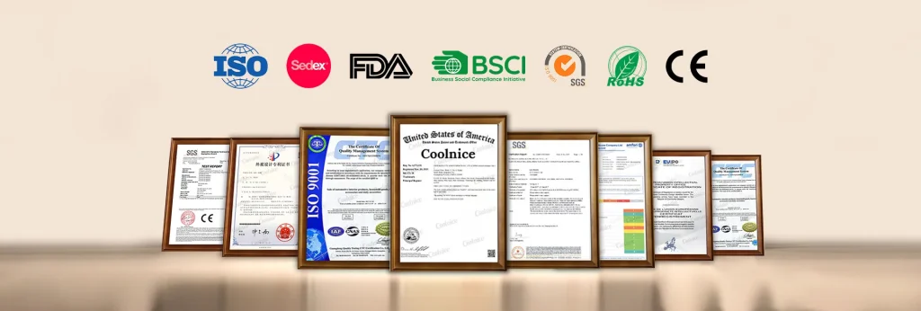 Coolnice silicone product manufacturing certifications including ISO, FDA, BSCI, CE, RoHS, SGS