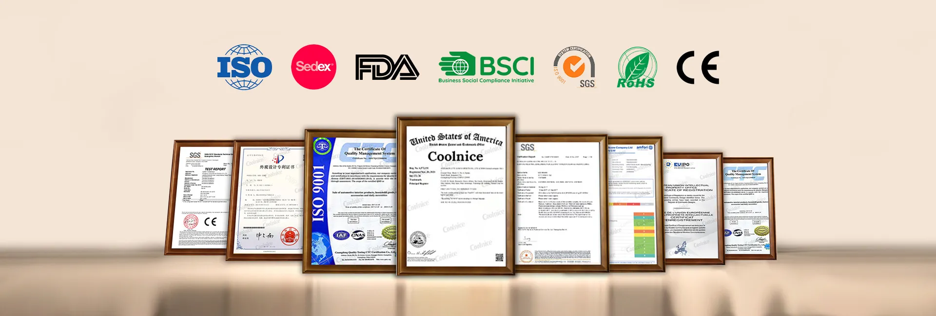 Coolnice silicone product manufacturing certifications including ISO, FDA, BSCI, CE, RoHS, SGS