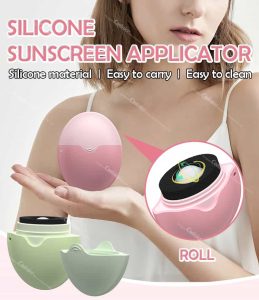 Coolnice silicone sunscreen roller in pink and green colors, showing the rolling mechanism for smooth sunscreen application.