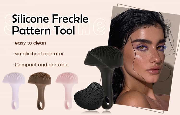 silicone freckle pattern tool in 4 colors with model wearing freckle makeup