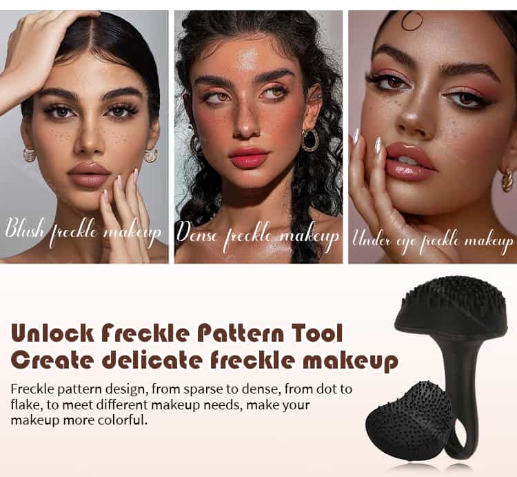 Women using silicone freckle pattern tool for blush, dense, and under-eye freckle makeup.