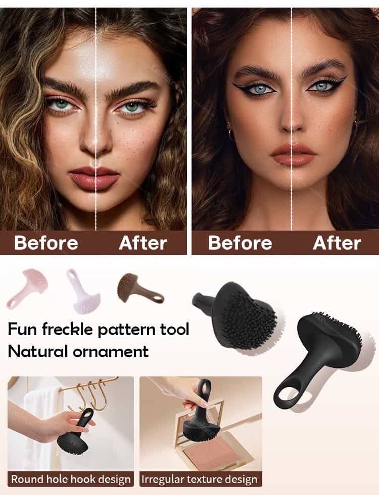 Before and after comparison of freckle makeup using silicone freckle pattern tool, with product details.