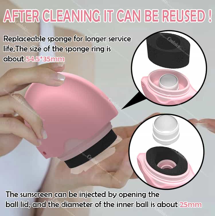 Coolnice silicone sunscreen applicator with replaceable sponge and reusable design, showing how to fill with sunscreen