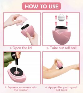 How to use the Coolnice silicone sunscreen applicator: step-by-step guide showing the lid opening, roll ball insertion, sunscreen filling, and application process