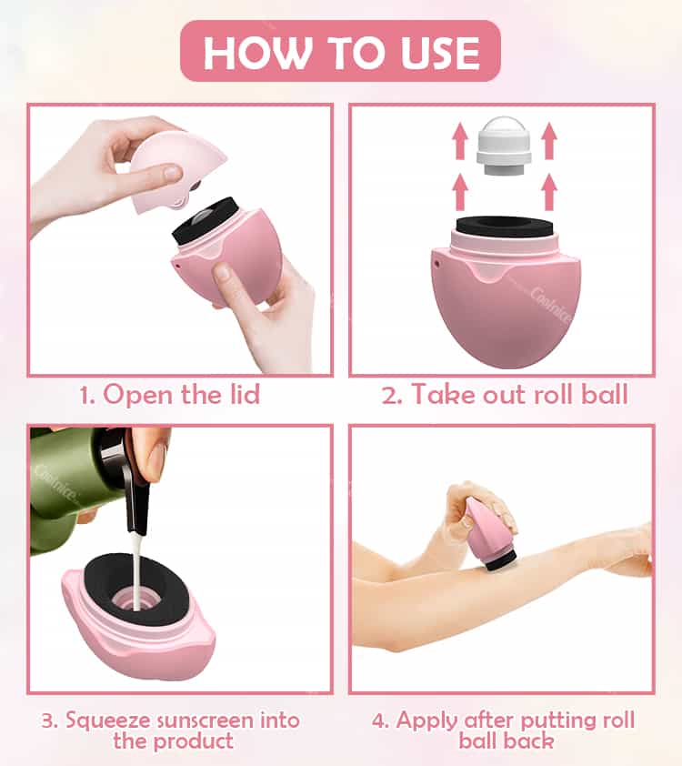 How to use the Coolnice silicone sunscreen applicator: step-by-step guide showing the lid opening, roll ball insertion, sunscreen filling, and application process