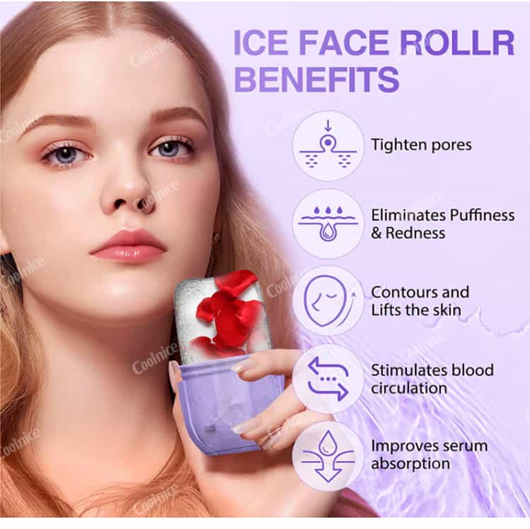 Woman using Coolnice ice roller for face with benefits like tightening pores and reducing puffiness
