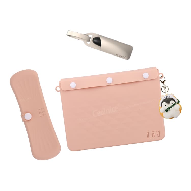 Set of silicone lipstick cases with customizable pouches and accessories.