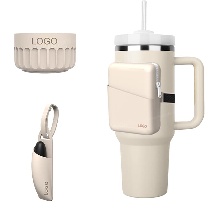 Beige silicone lipstick holder with tumbler accessories and storage pouch.