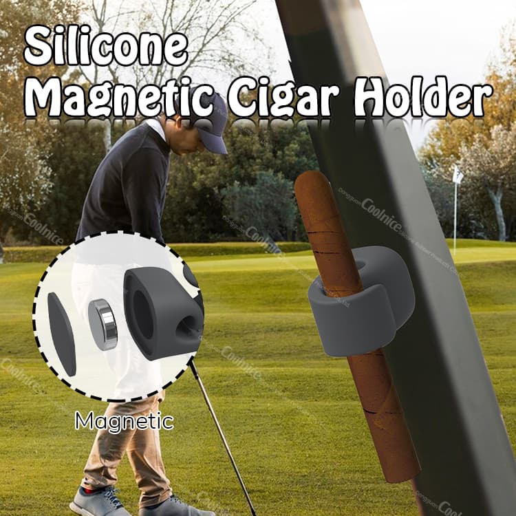 Magnetic silicone cigar holder, securely holding a cigar attached to a metal surface in an outdoor setting, with an inset view of the magnetic components.