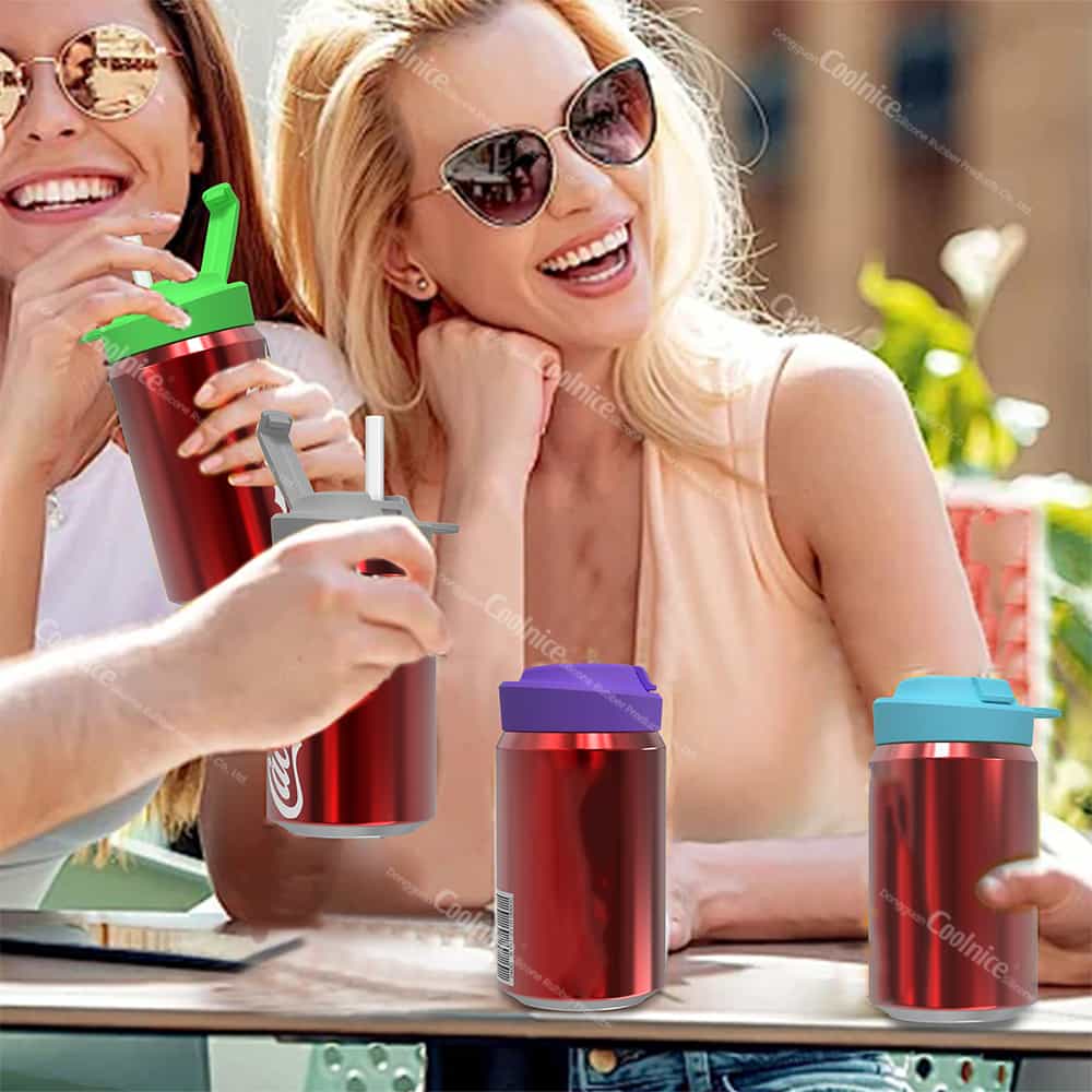 Colorful, child-friendly beverage lids in blue, green, and purple.