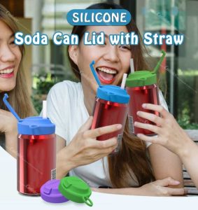 Two smiling women enjoying drinks from red cans fitted with blue and green silicone soda can lids with straws, with more lids displayed in the foreground.