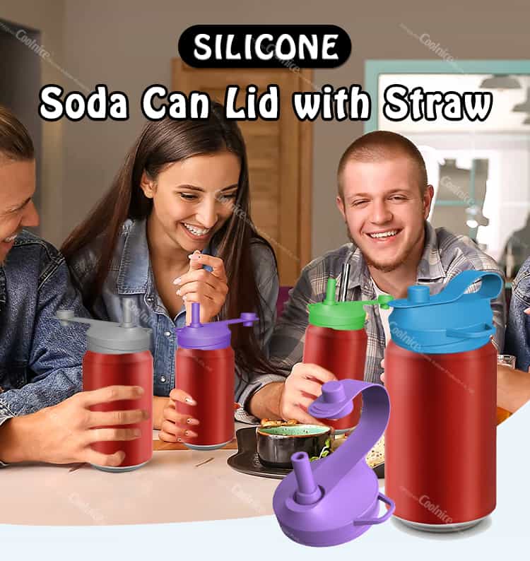 Silicone soda can lid with straw, ergonomic design for easy drinking.